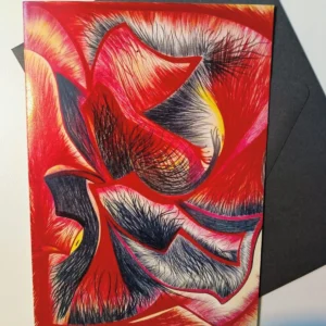 Dynamic crimson shapes with fine black hatching