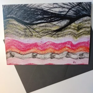 Abstract landscape with colorful, wavy layers.