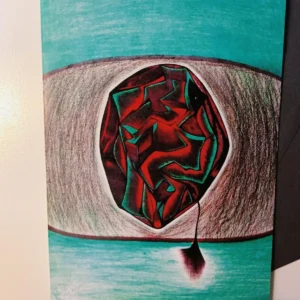 Abstract eye with red geometric shapes inside.