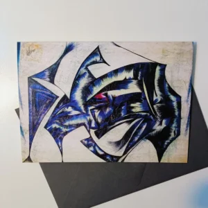 Triangular blue abstract shapes on textured card