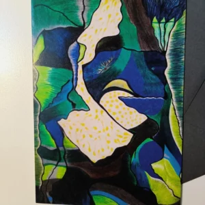 Blue-green abstract with yellow dotted shapes