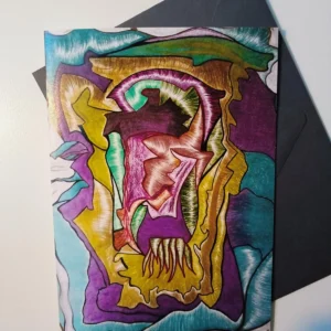 Abstract colorful artwork with jagged shapes.