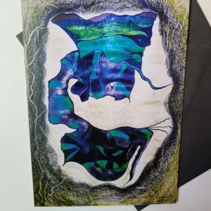 Abstract artwork with blue and green patterns.