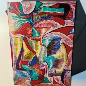 Postcard-sized vibrant curving shapes on dark backing