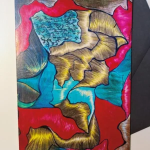 Abstract colorful painting with red, blue, yellow.