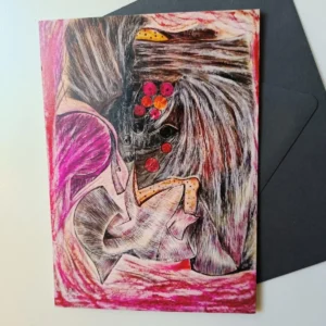 Abstract art card with pink and red.