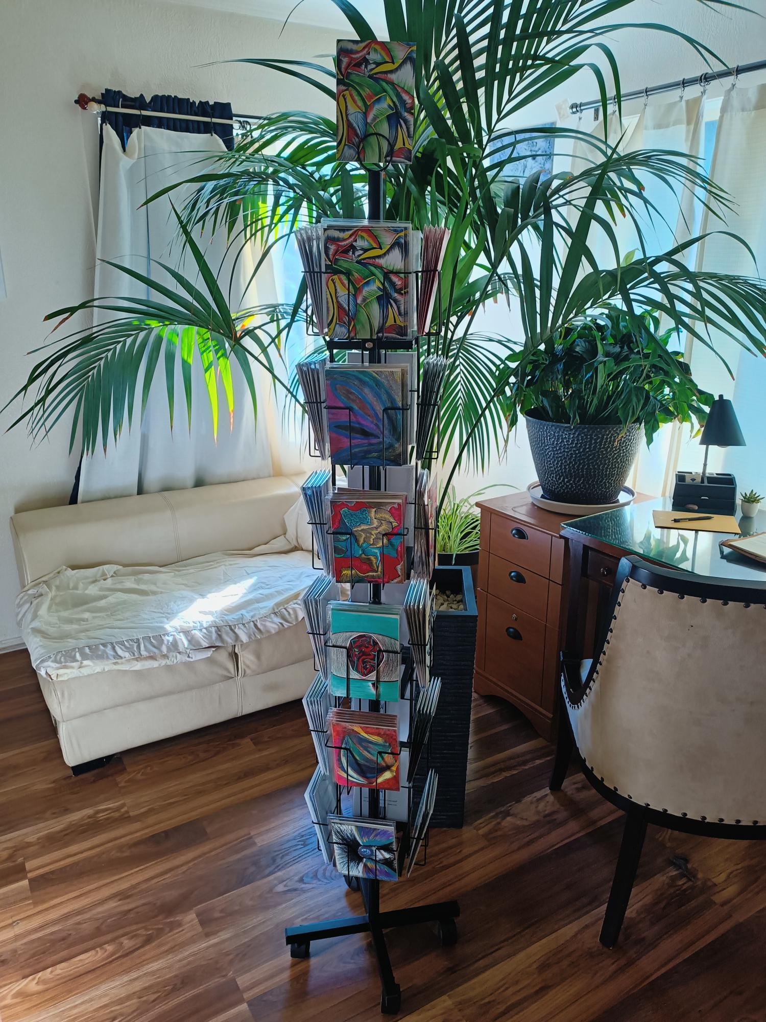 Display rack of colorful greeting cards indoors